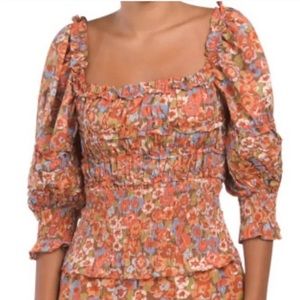 House of Harlow 1960 Floral Puff Sleeve Blouse in Orange and Blue EUC